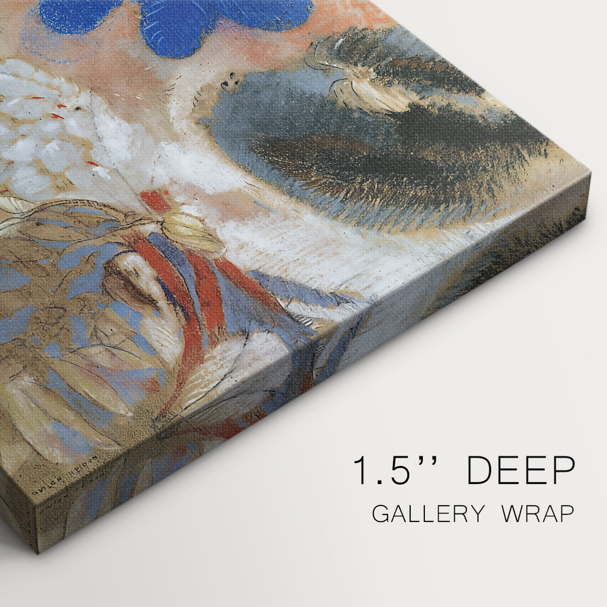 Close-up of a gallery-wrapped canvas corner showing a gentle image with floating elements and subtle texture, highlighting texture and print detail.