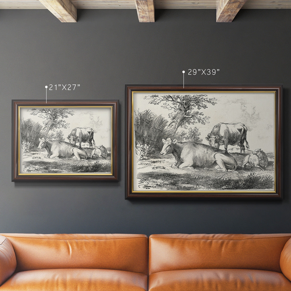 Classical pastoral landscape artwork by Nicolas Berchem in an ornate mahogany wood frame with gold liner shown in multiple size options.