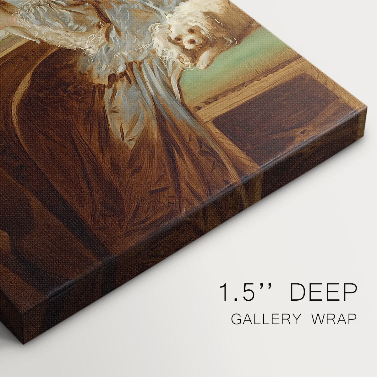 Close-up of a gallery-wrapped canvas corner showing a refined portrait with letter as focal point, highlighting texture and print detail.