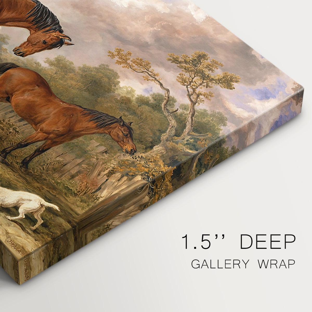 Canvas art print of a group of horses gathered together in landscape setting, highlighting texture and gallery-wrapped edges