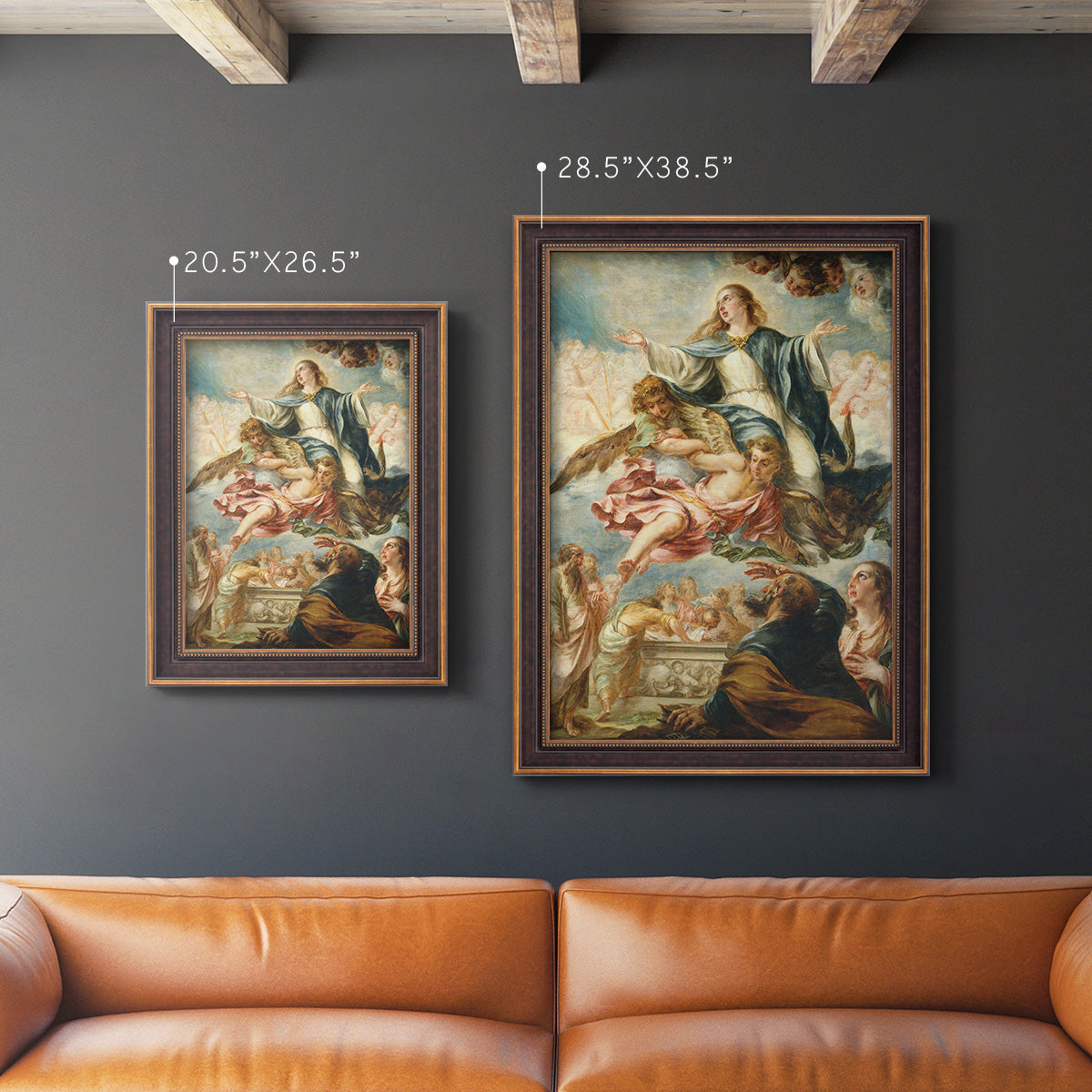Religious painting of the Assumption of the Virgin Mary by Juan de Valdés Leal in an ornate bronzed mahogany wood frame shown in multiple vertical size options.