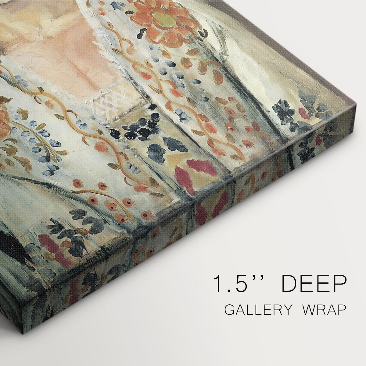 Close-up of a gallery-wrapped canvas corner showing a vivid composition with strong color contrast, highlighting texture and print detail.