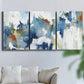 Three-panel canvas wall art featuring flowing abstract color movement, displayed in a living room above a sofa.