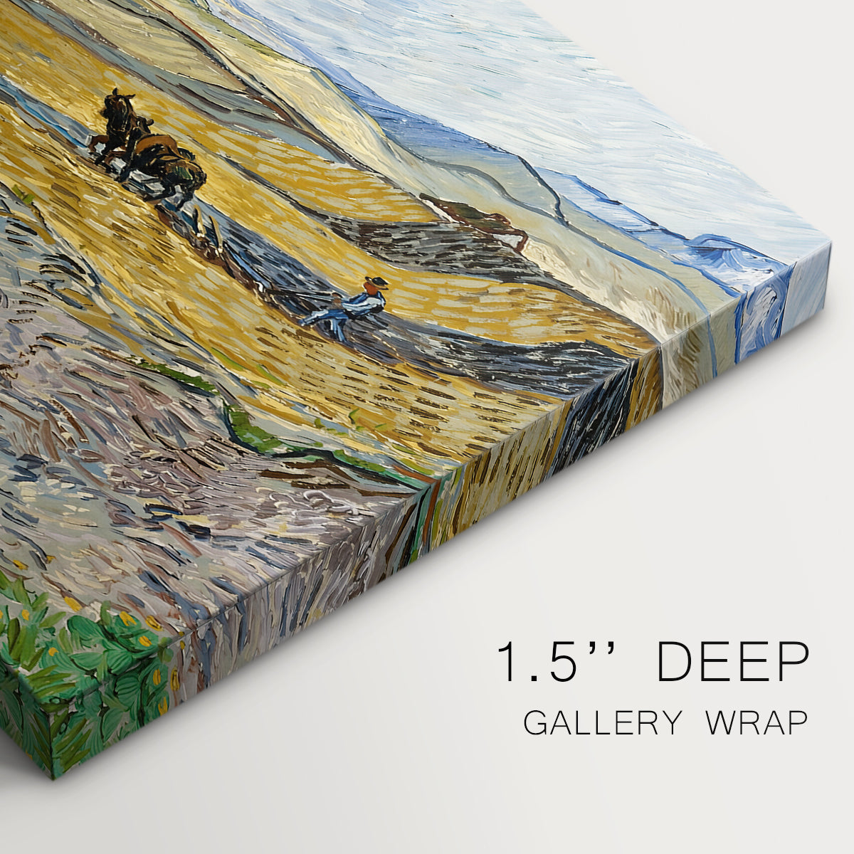 Canvas art print of a ploughed field enclosed by low walls with lone worker under broad sky, highlighting texture and gallery-wrapped edges