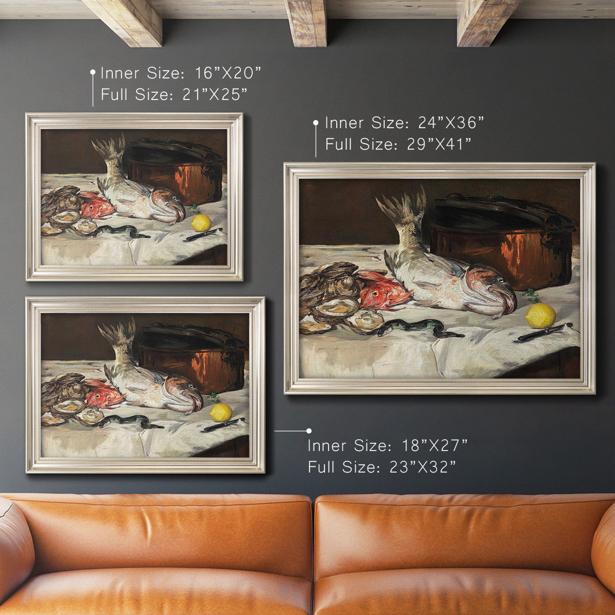 Impressionist still life painting of fish by Édouard Manet in an ornate champagne frame shown in multiple size options.