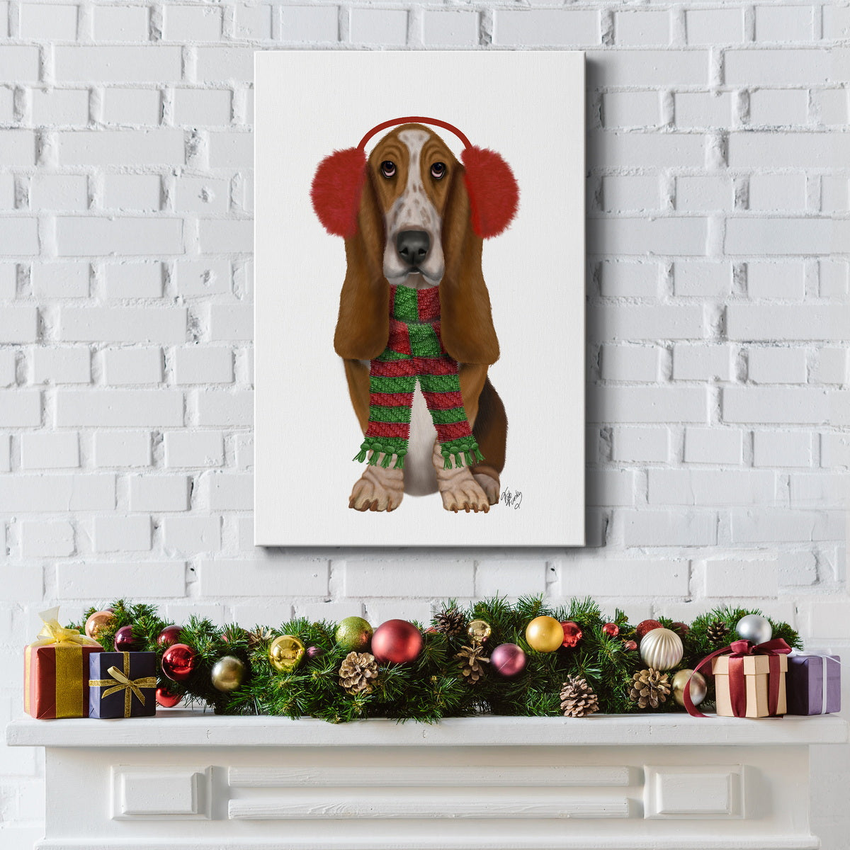 Christmas Des - Basset Hound and Ear Muffs Premium Gallery Wrapped Canvas - Ready to Hang