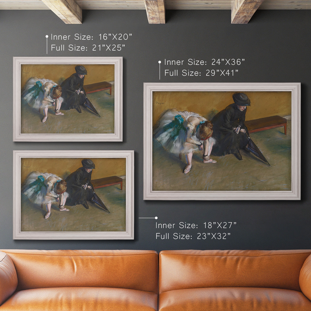 Impressionist portrait of a seated woman by Edgar Degas in an ornate weathered white frame shown in multiple size options.