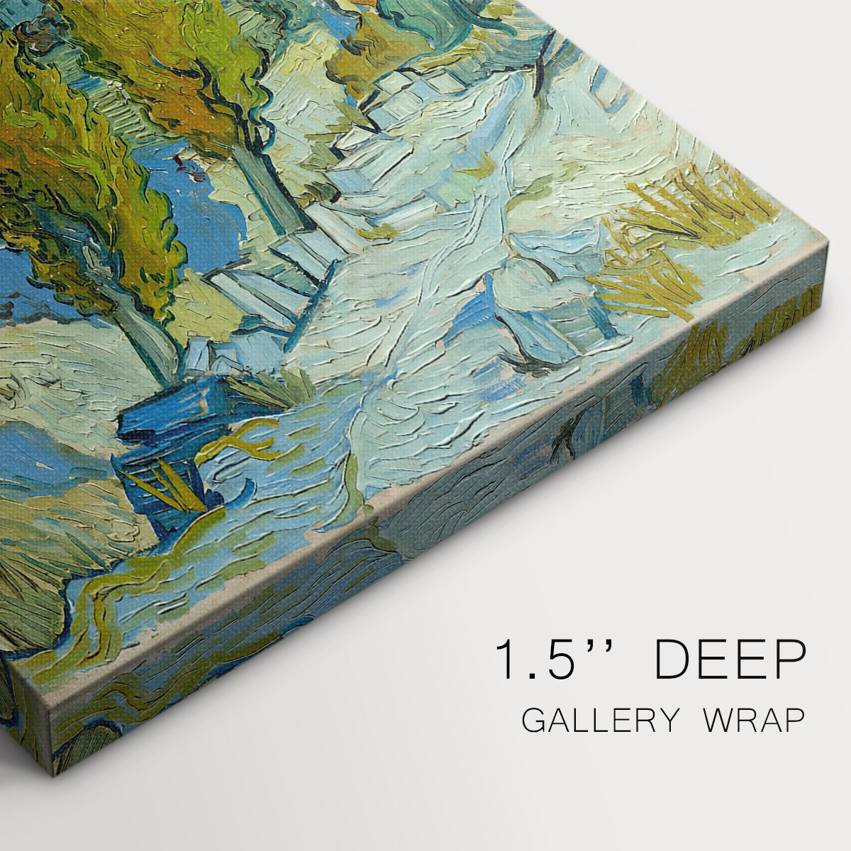 Close-up of a gallery-wrapped canvas corner showing a vibrant landscape with strong color and depth, highlighting texture and print detail.
