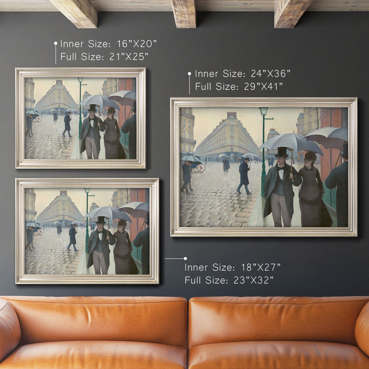 Impressionist urban street scene in the rain by Gustave Caillebotte in an ornate champagne frame shown in multiple size options.