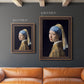 Iconic portrait of a girl wearing a pearl earring by Johannes Vermeer in an ornate bronzed mahogany wood frame shown in multiple vertical size options.