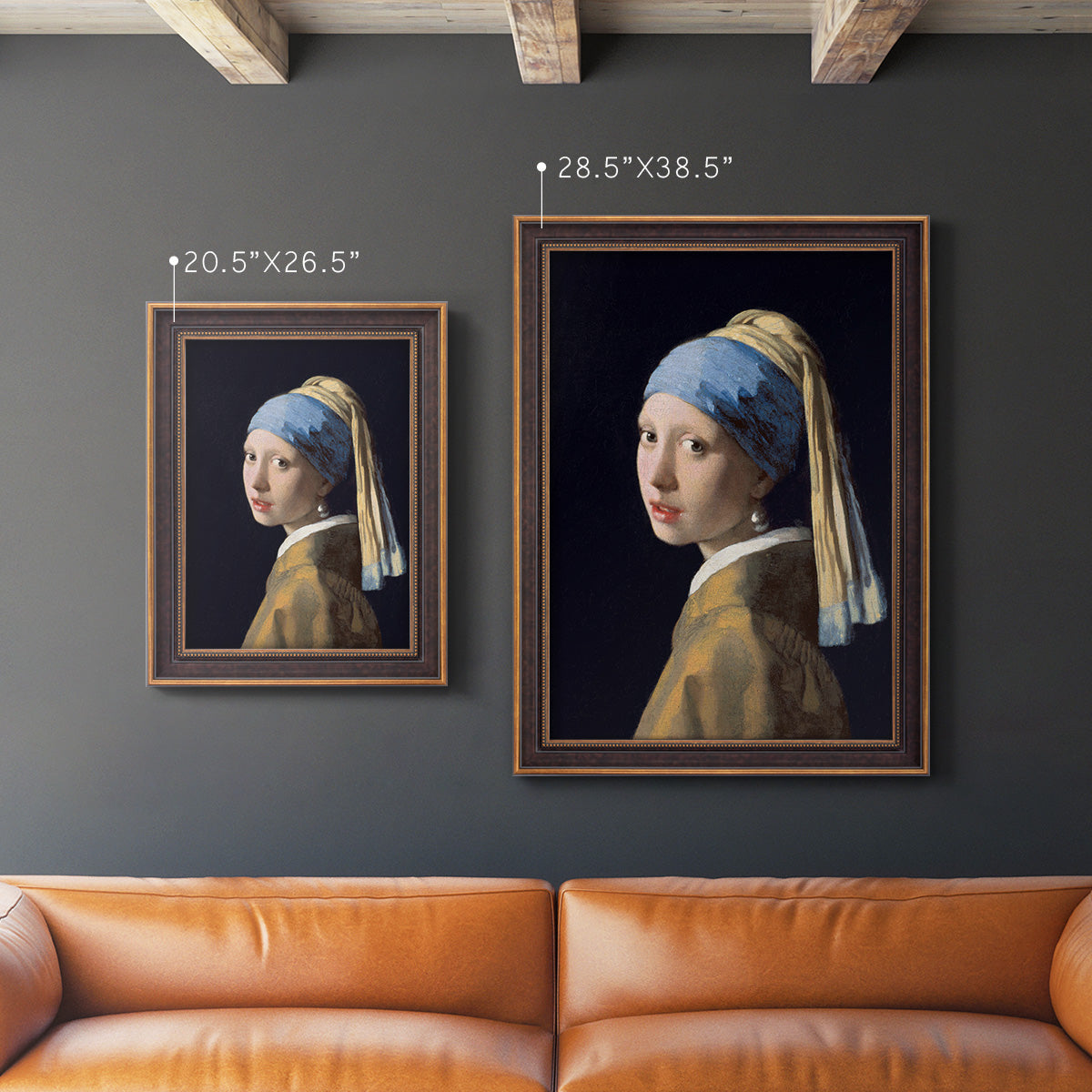 Iconic portrait of a girl wearing a pearl earring by Johannes Vermeer in an ornate bronzed mahogany wood frame shown in multiple vertical size options.