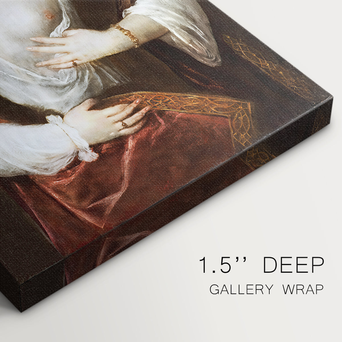 Close-up of a gallery-wrapped canvas corner showing a classic image with gentle detail, highlighting texture and print detail.