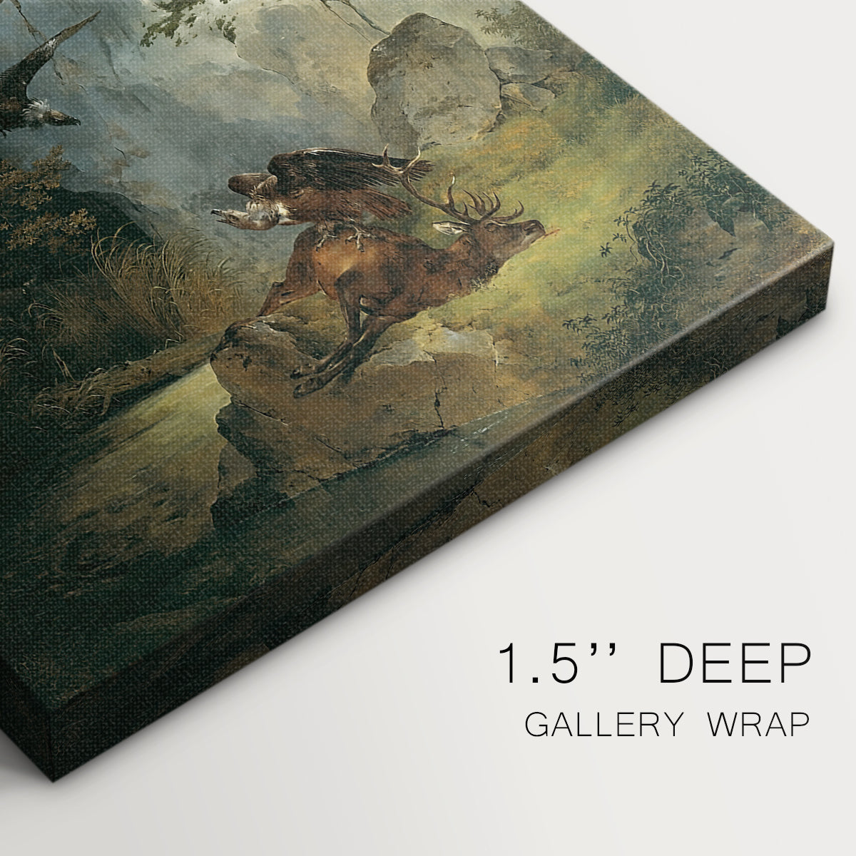 Close-up of a gallery-wrapped canvas corner showing a detailed wildlife image with earthy tones, highlighting texture and print detail.