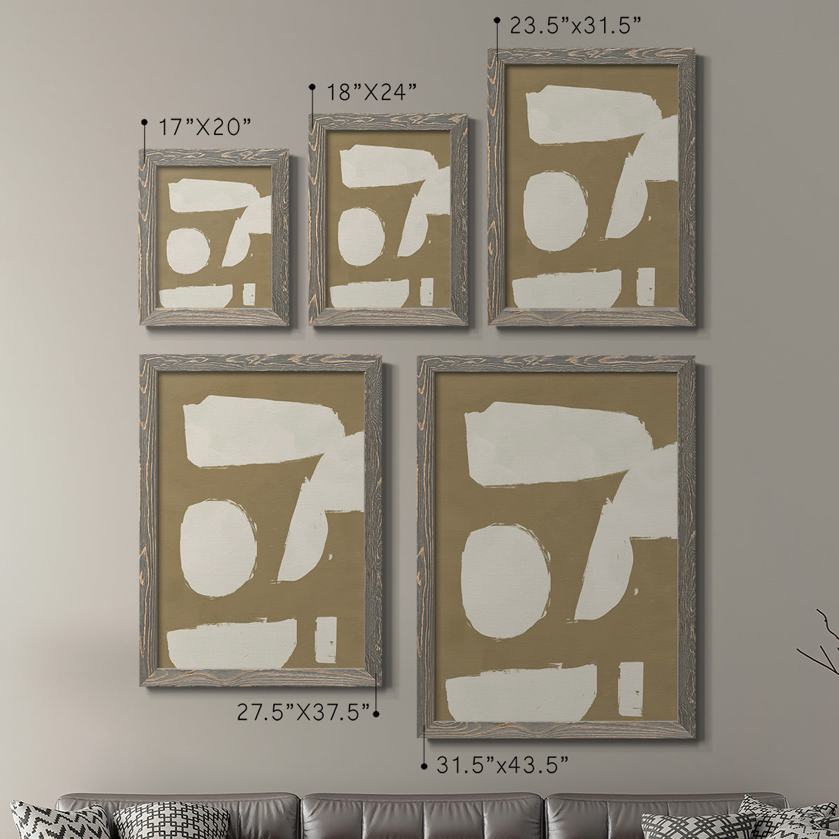Size comparison chart for a set of two gray barnwood framed canvas prints.