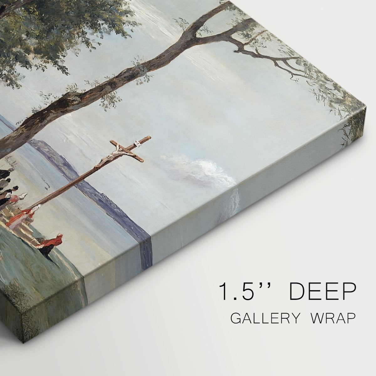 Canvas art print of a hillside landscape with religious cross overlooking trees and distant terrain, highlighting texture and gallery-wrapped edges