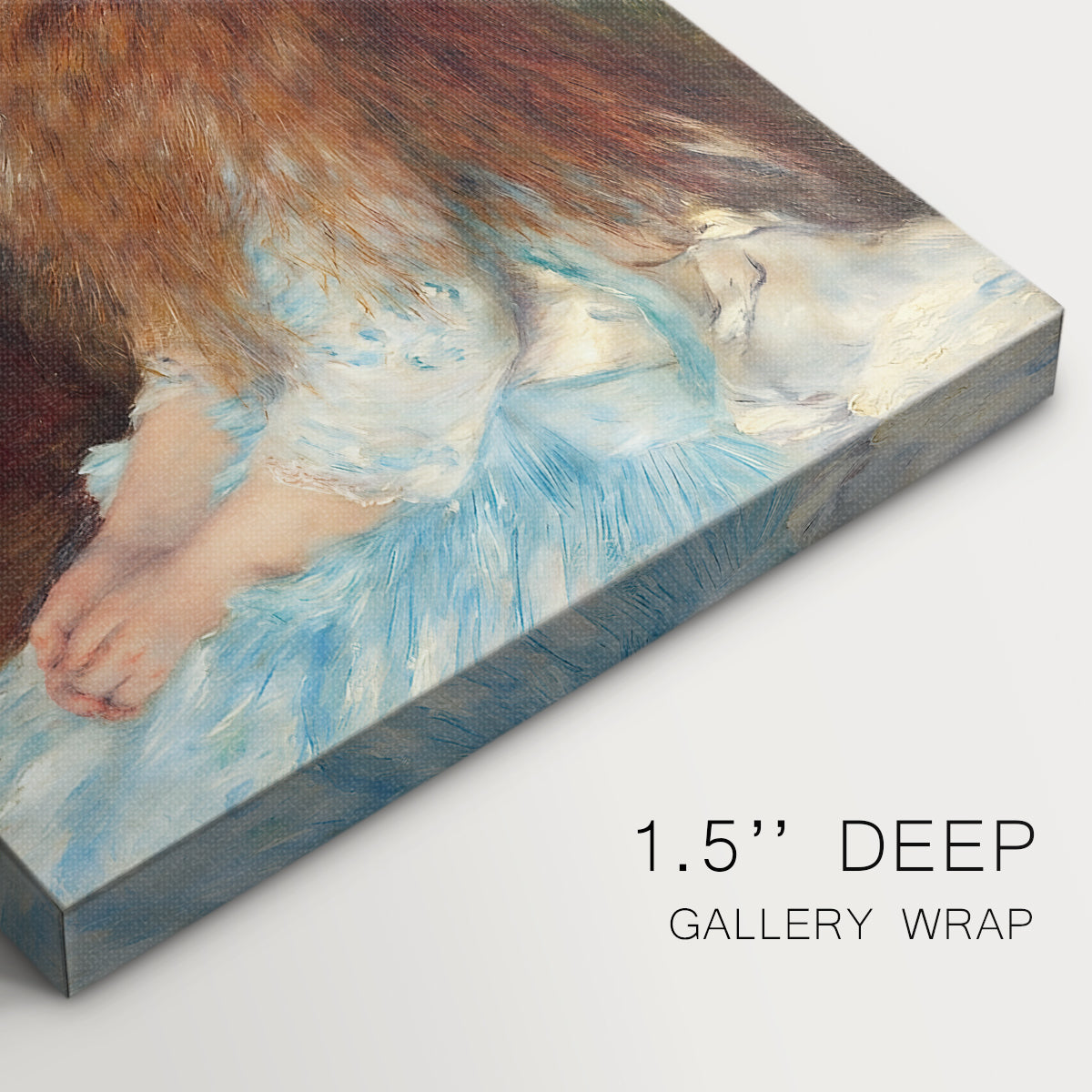 Close-up of a gallery-wrapped canvas corner showing a refined figure study with gentle tones and minimal background, highlighting texture and print detail.