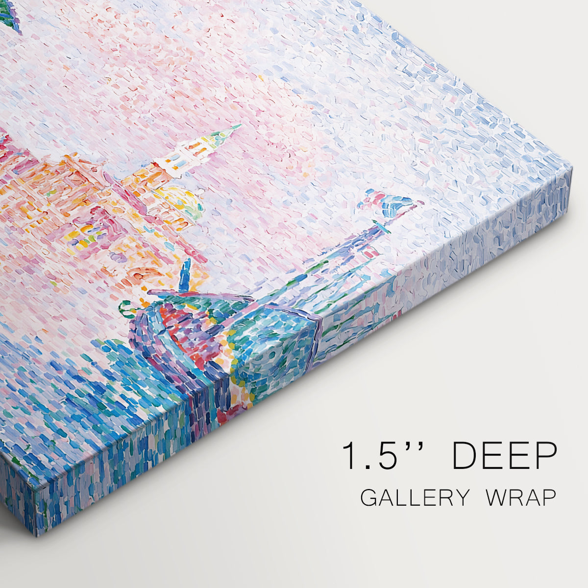 Canvas art print of a Venetian waterfront under pink sky, highlighting texture and gallery-wrapped edges