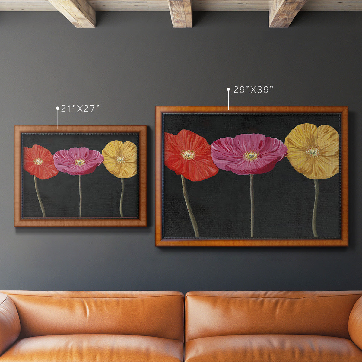 Contemporary poppy flower artwork in an ornate vintage burl wood frame shown in multiple size options.