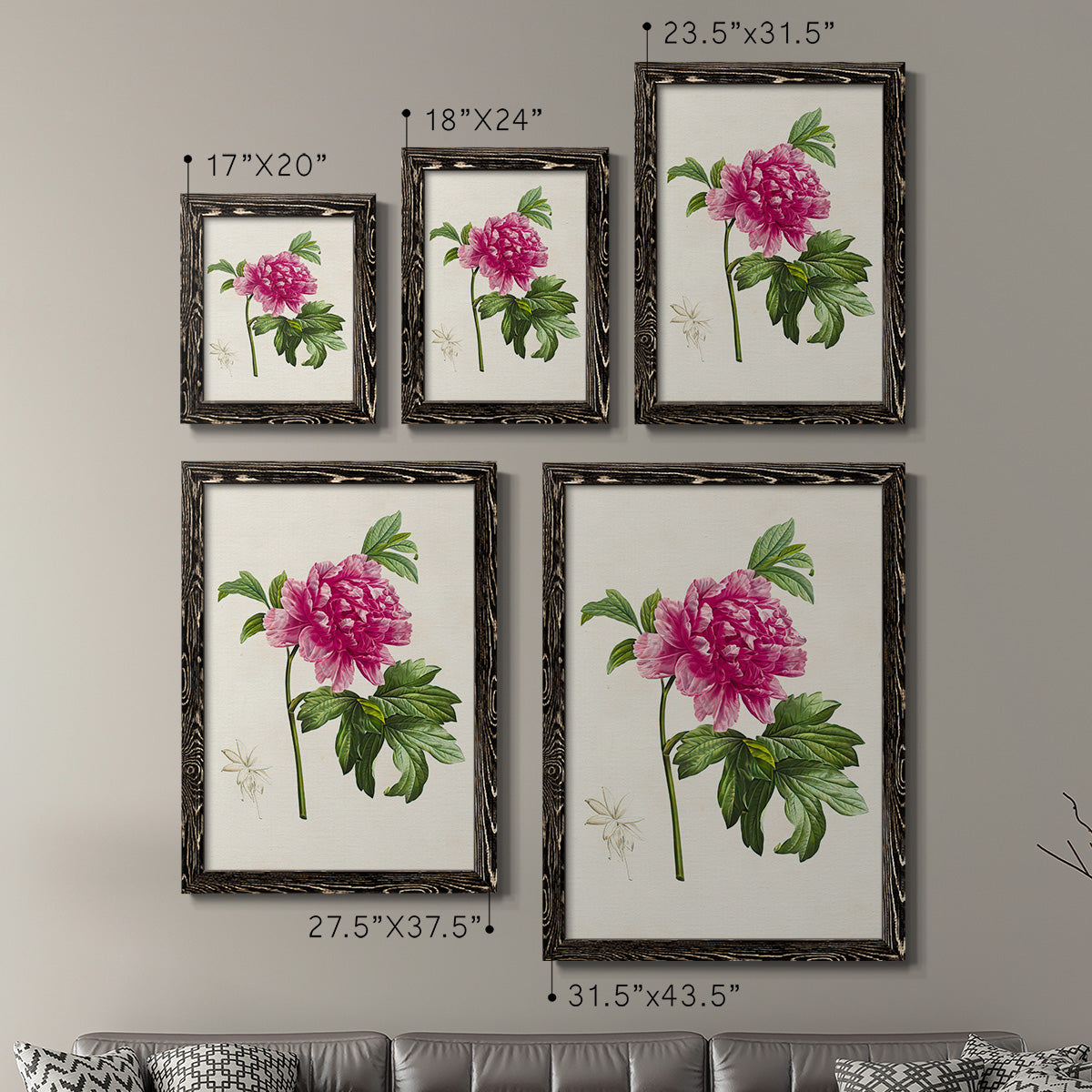 Size comparison chart for a set of two black barnwood framed canvas prints.