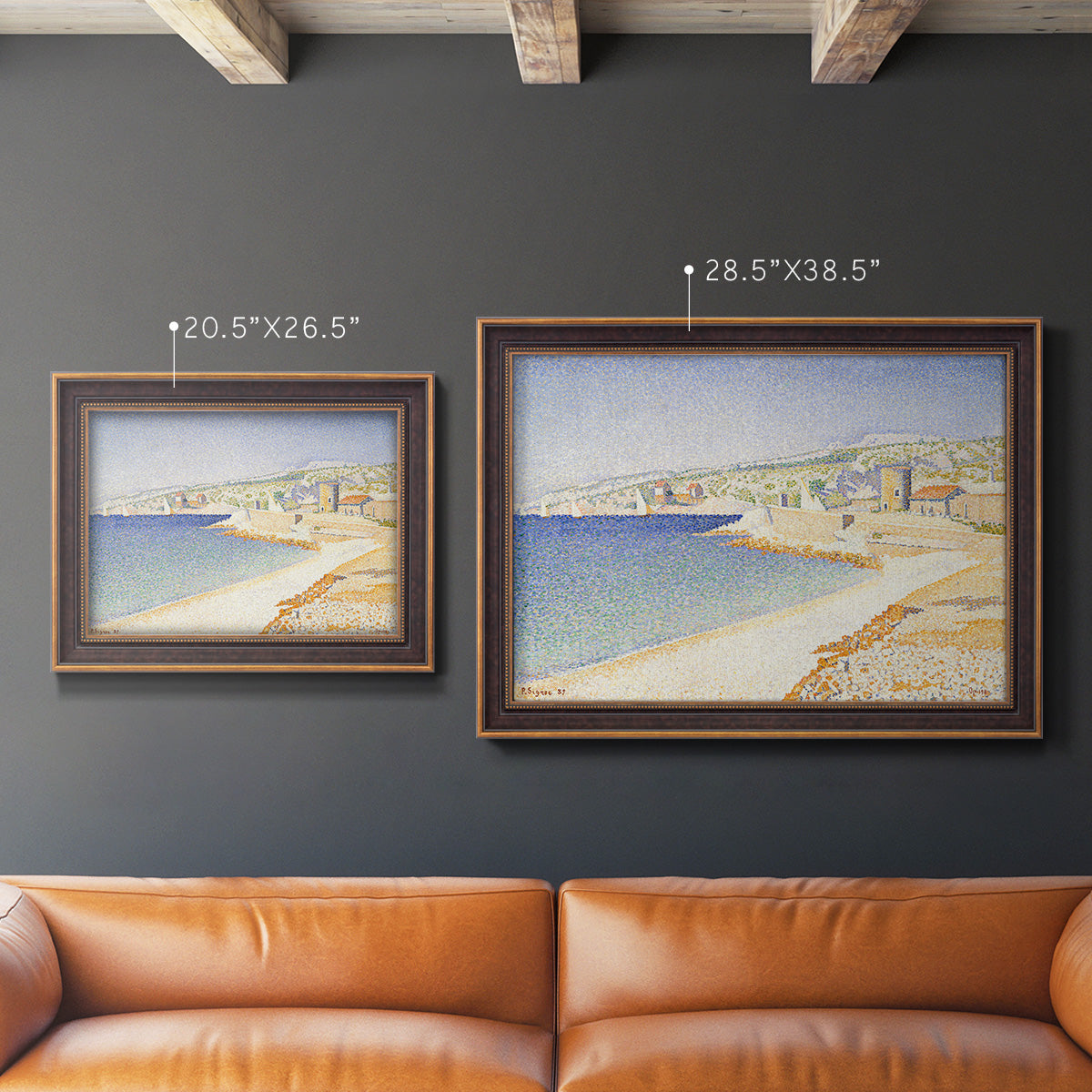 Impressionist Mediterranean jetty seascape by Paul Signac in an ornate bronzed mahogany wood frame shown in multiple size options.