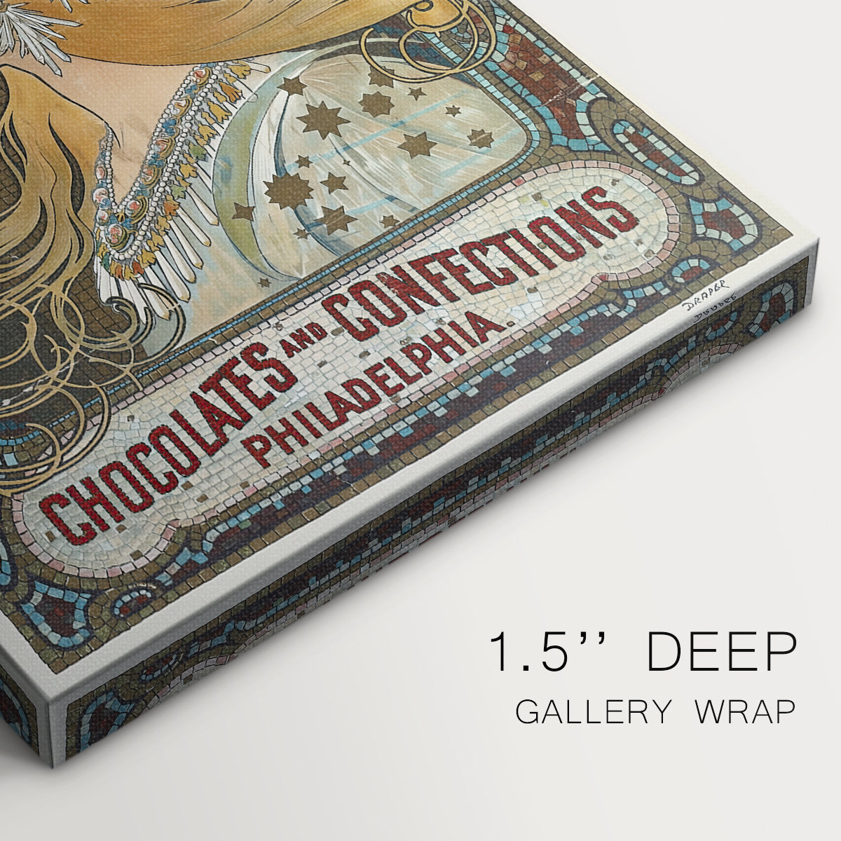 Close-up of a gallery-wrapped canvas corner showing a classic print combining portrait and product promotion, highlighting texture and print detail.
