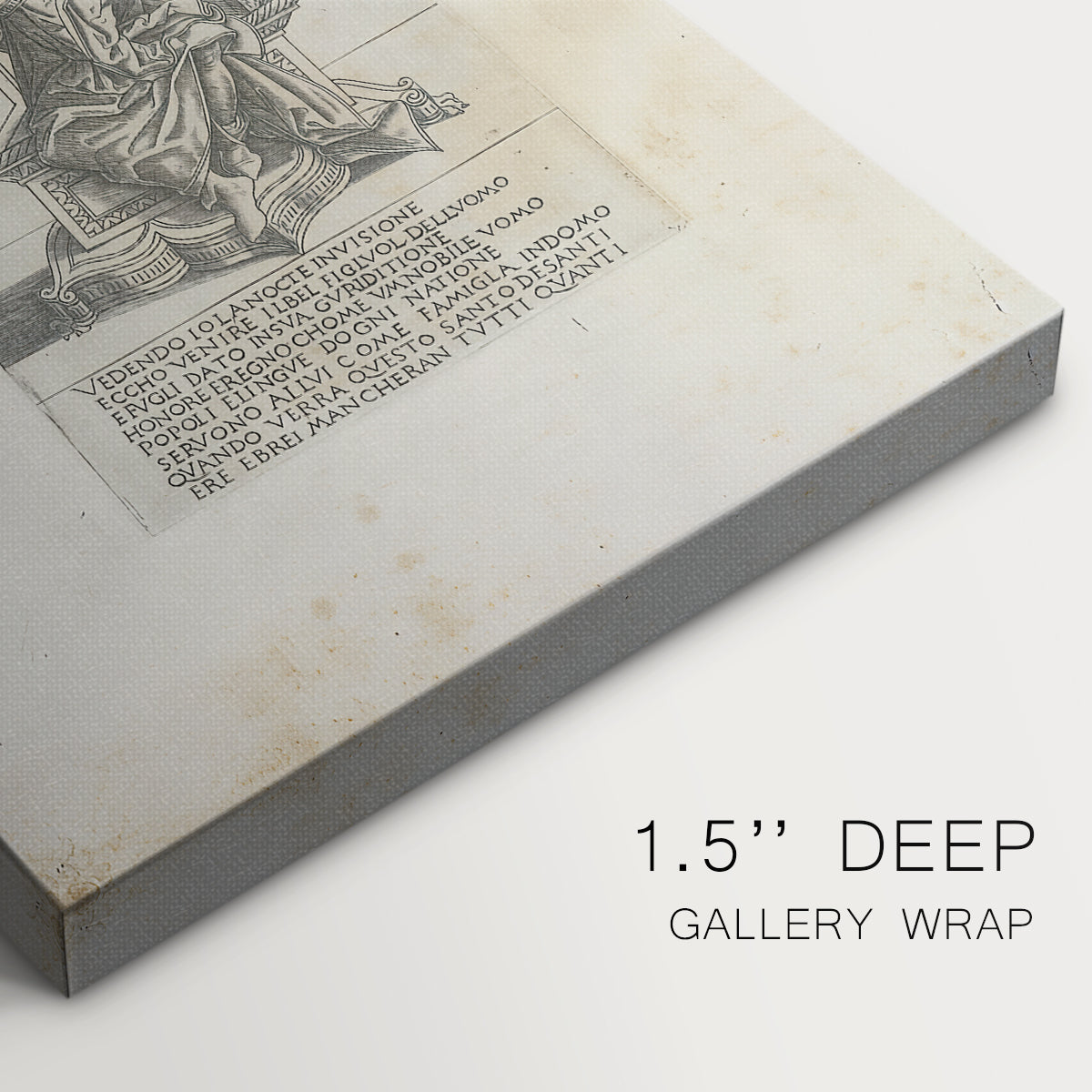 Close-up of a gallery-wrapped canvas corner showing a refined engraving with balanced form, highlighting texture and print detail.