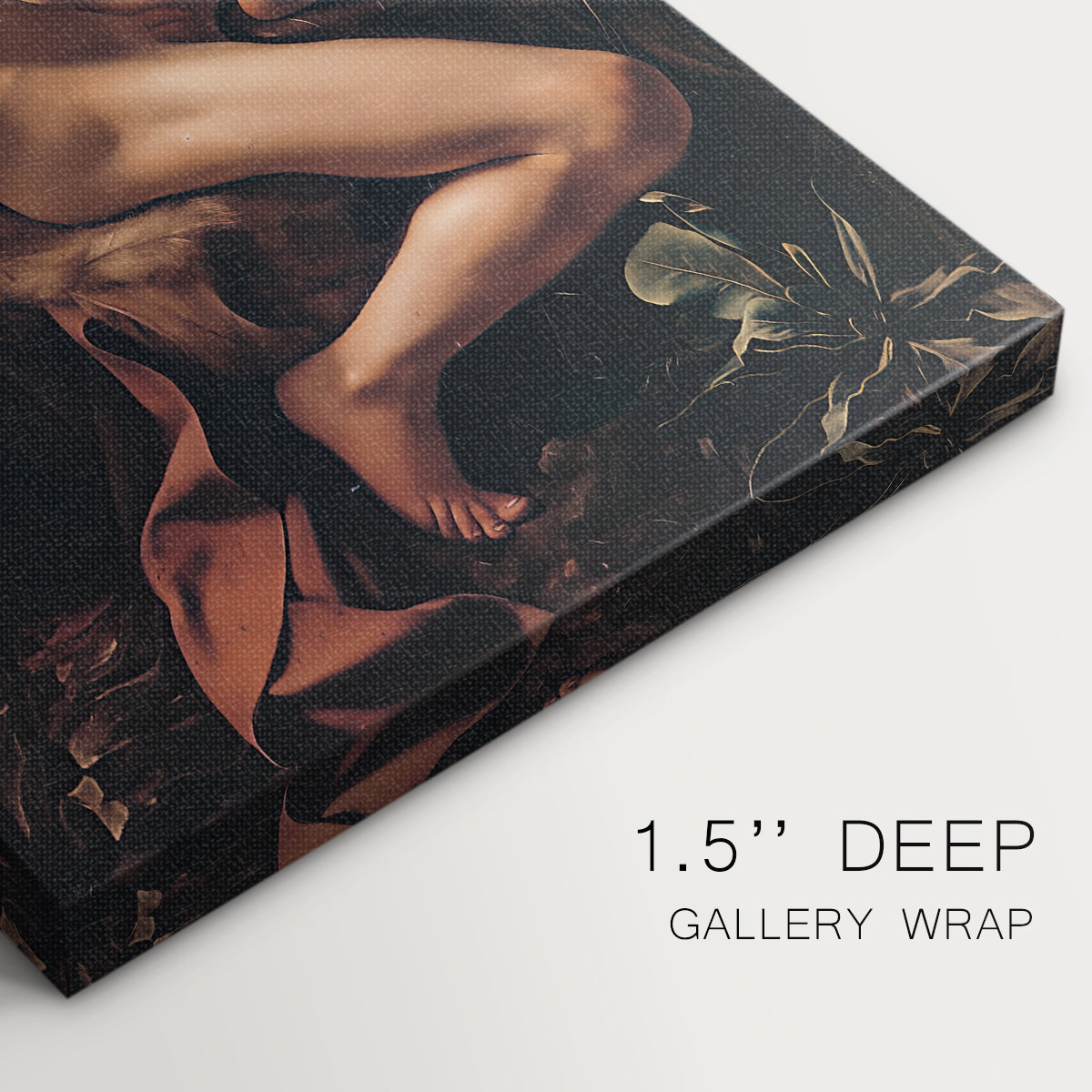 Close-up of a gallery-wrapped canvas corner showing a moody portrait with a figure and animal in low light, highlighting texture and print detail.