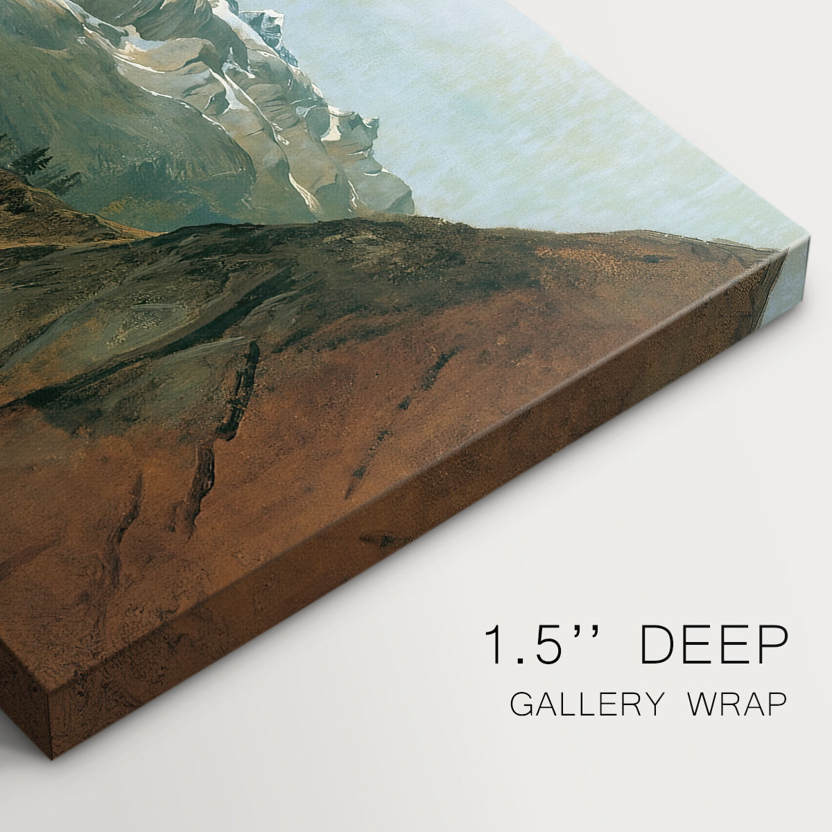 Canvas art print of dramatic mountain peaks in expansive landscape, highlighting texture and gallery-wrapped edges