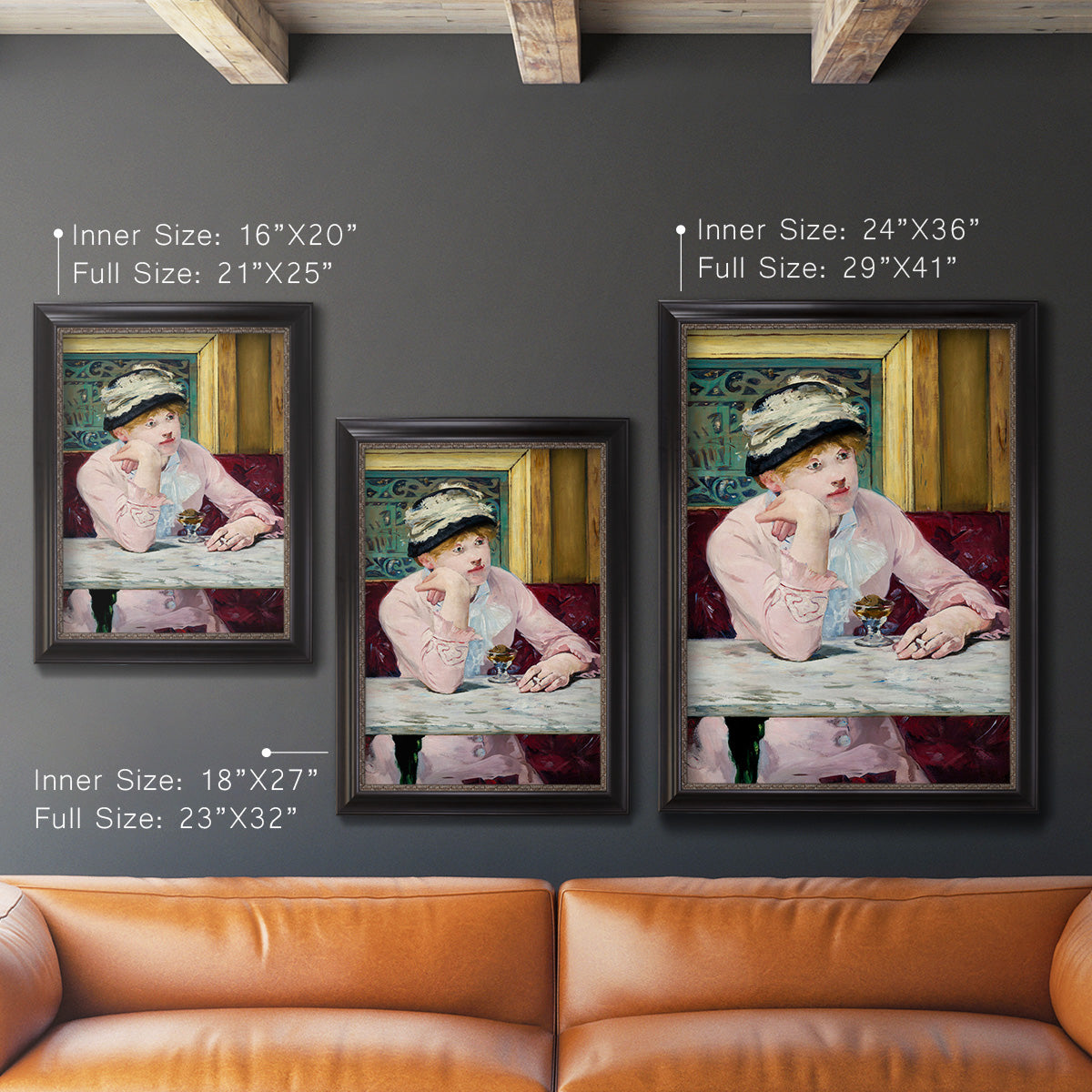 Impressionist portrait scene with plum brandy by Édouard Manet in an ornate black frame with gilded inner detail shown in multiple vertical size options.