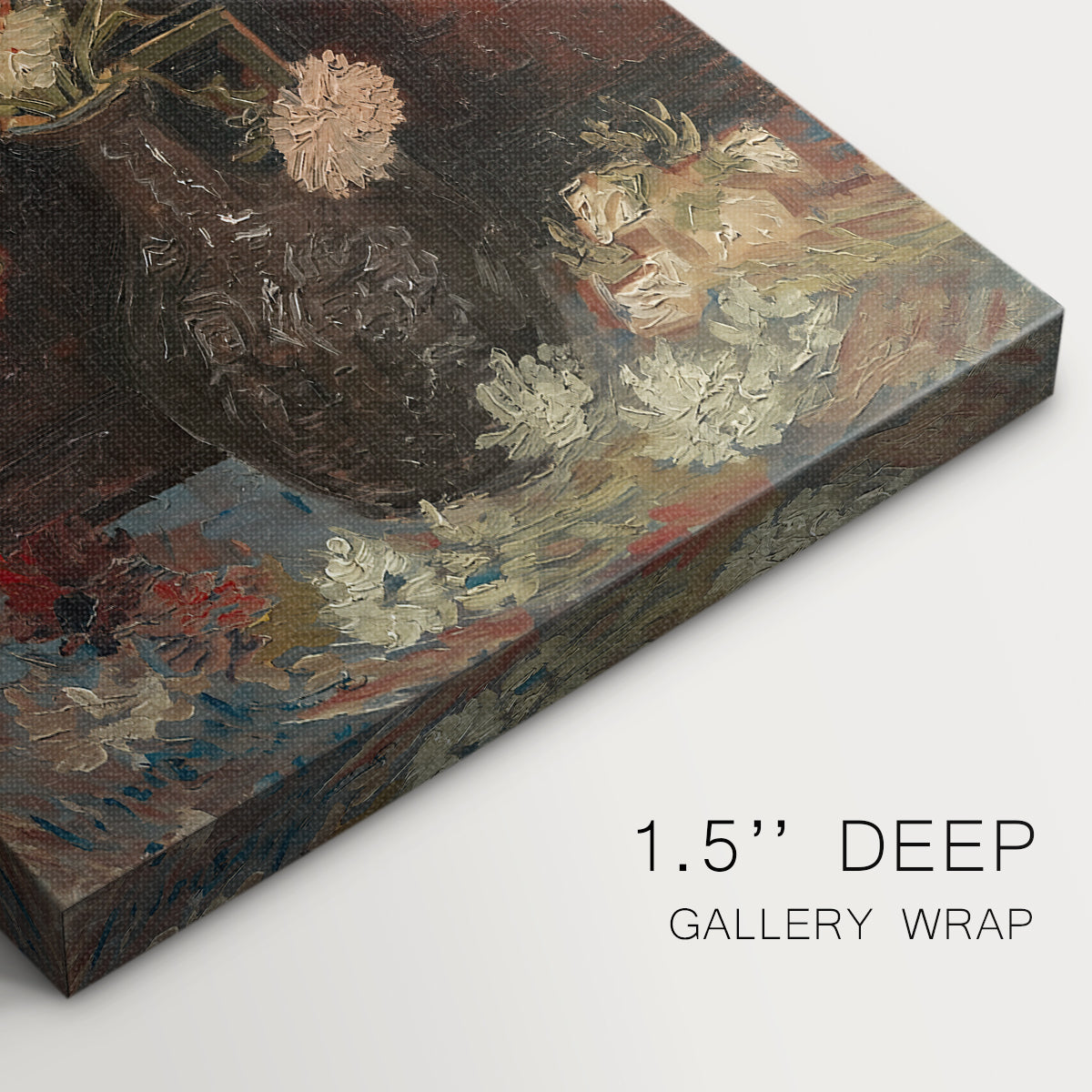 Close-up of a gallery-wrapped canvas corner showing a dynamic still life with contrast and detail, highlighting texture and print detail.