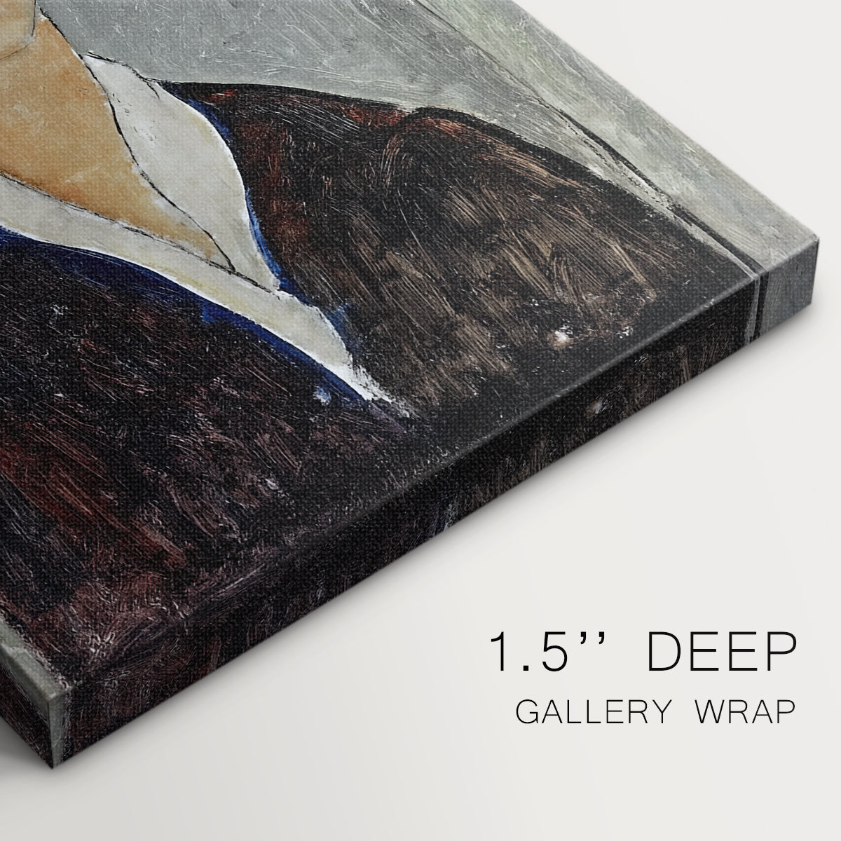 Close-up of a gallery-wrapped canvas corner showing a classic Modigliani portrait with abstracted facial features, highlighting texture and print detail.
