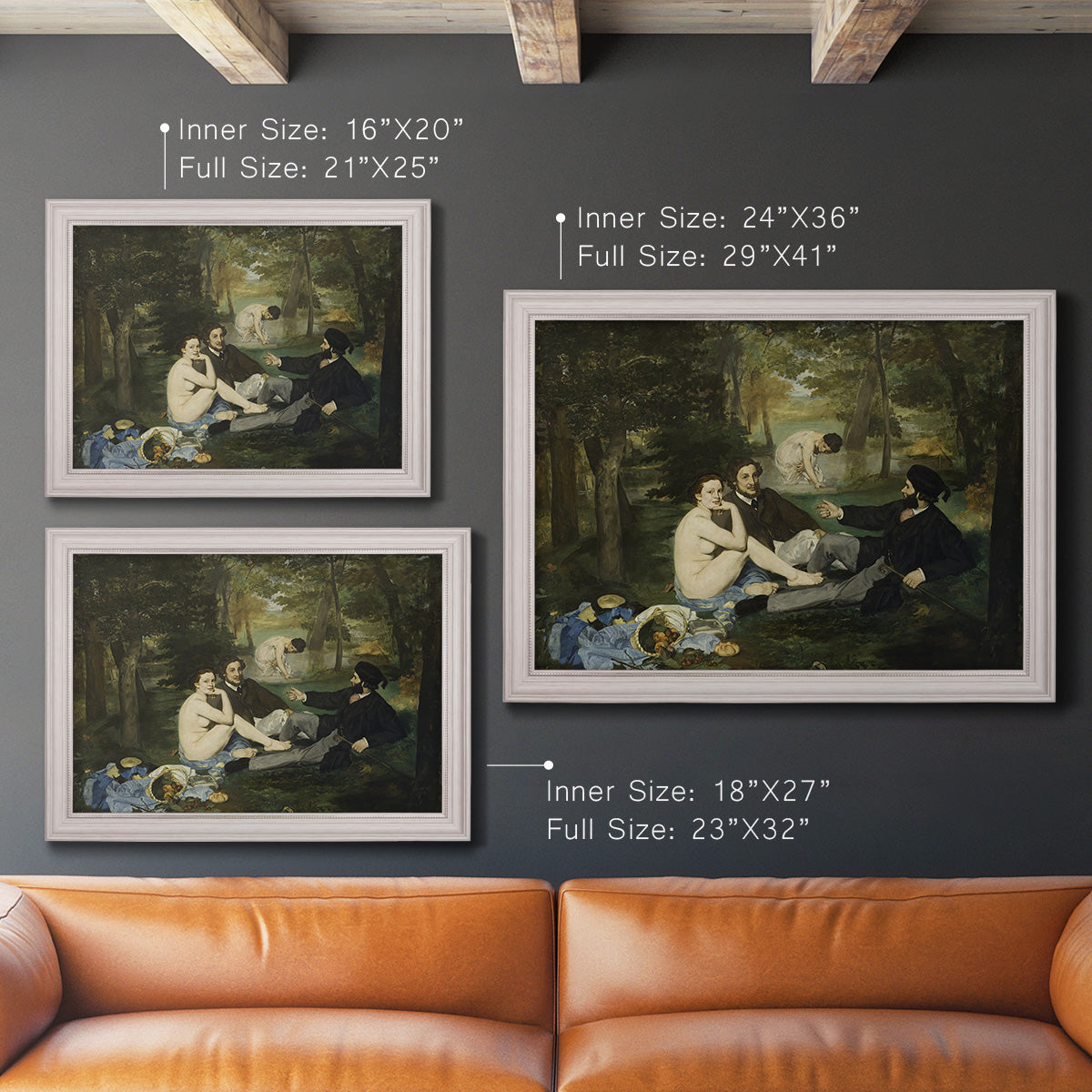 Groundbreaking impressionist picnic scene by Édouard Manet in an ornate weathered white frame shown in multiple size options.