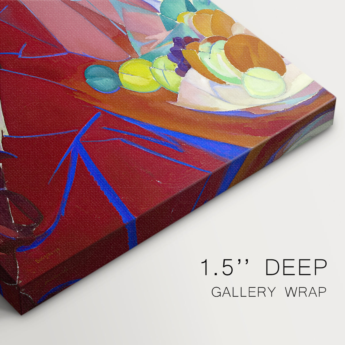 Close-up of a gallery-wrapped canvas corner showing a dynamic composition with figure and interior setting, highlighting texture and print detail.