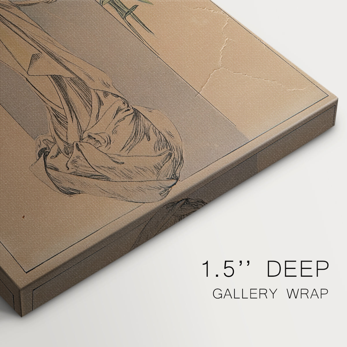 Close-up of a gallery-wrapped canvas corner showing a stylized illustration combining typography and portrait elements, highlighting texture and print detail.