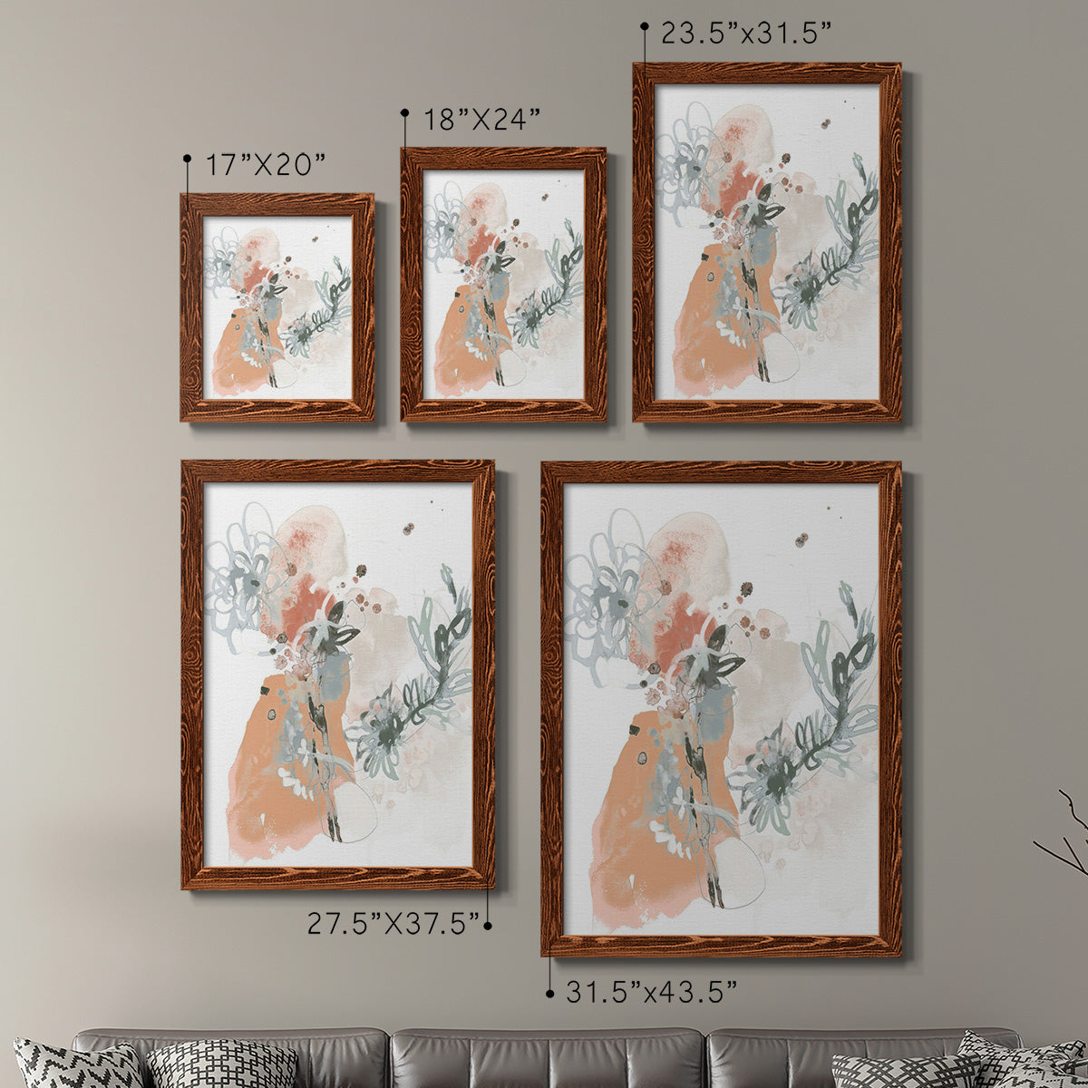Size comparison chart for a set of two maple barnwood framed canvas prints.