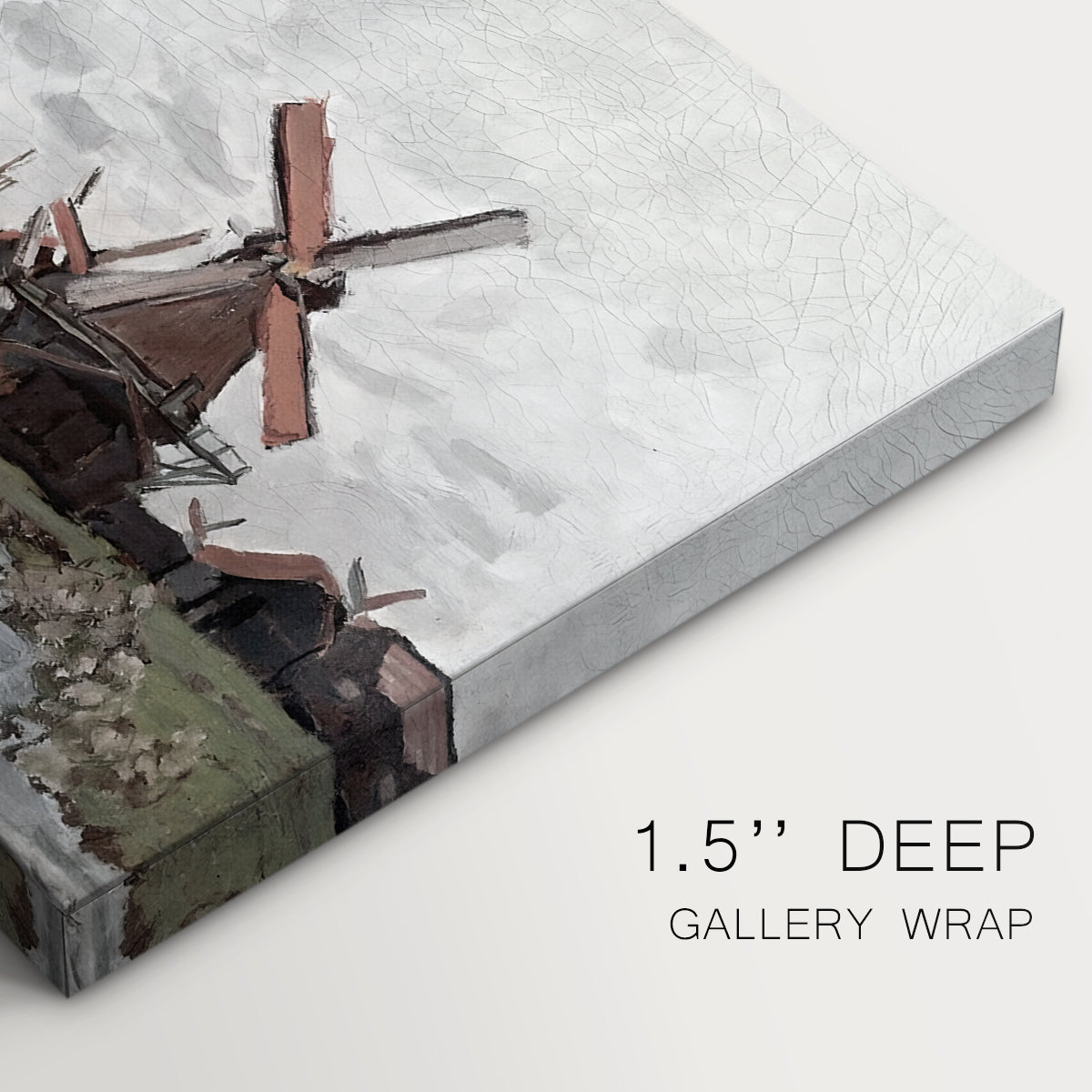 Canvas art print of windmills standing beside water under open sky in rural landscape, highlighting texture and gallery-wrapped edges