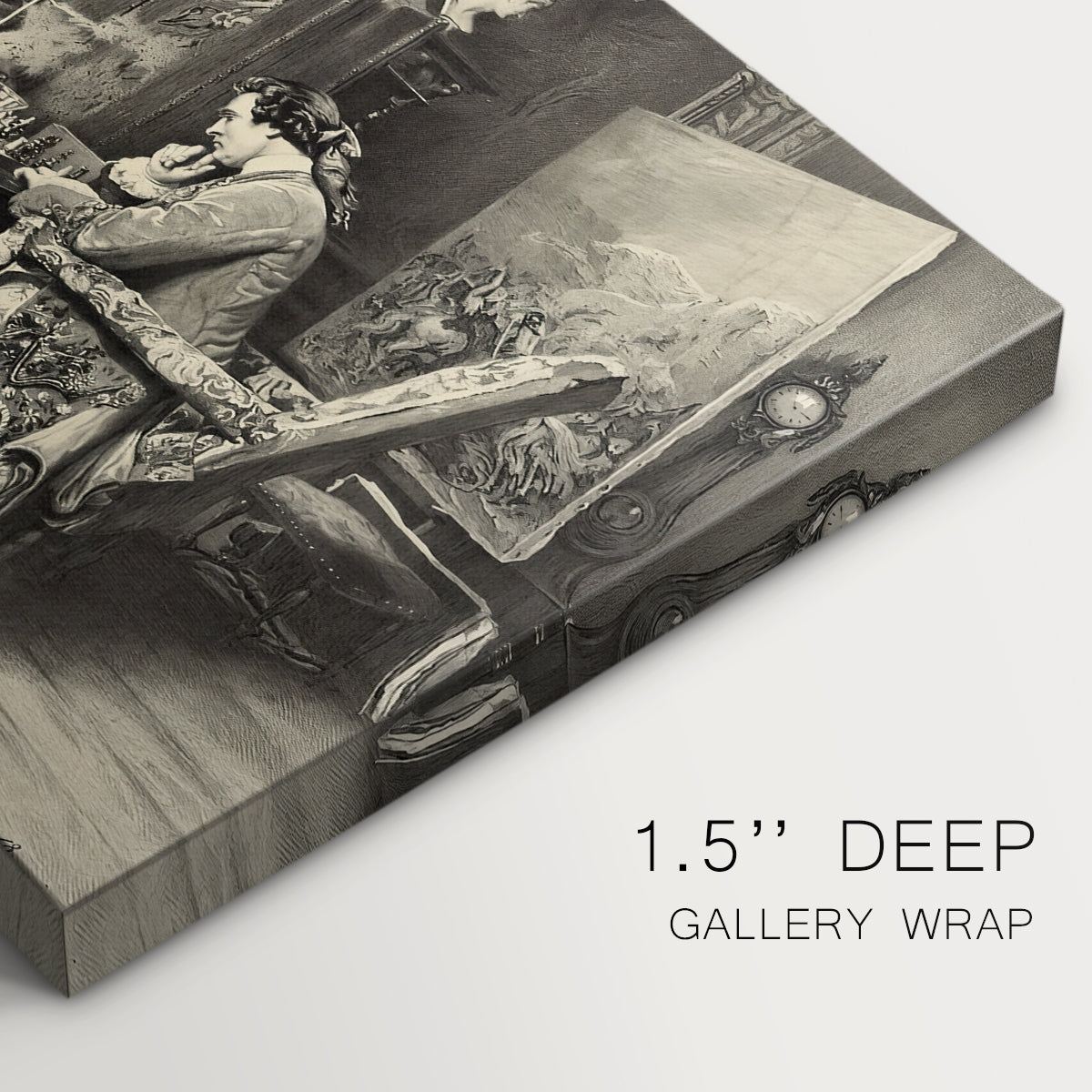 Canvas art print of two men seated at table playing chess in detailed interior setting, highlighting texture and gallery-wrapped edges