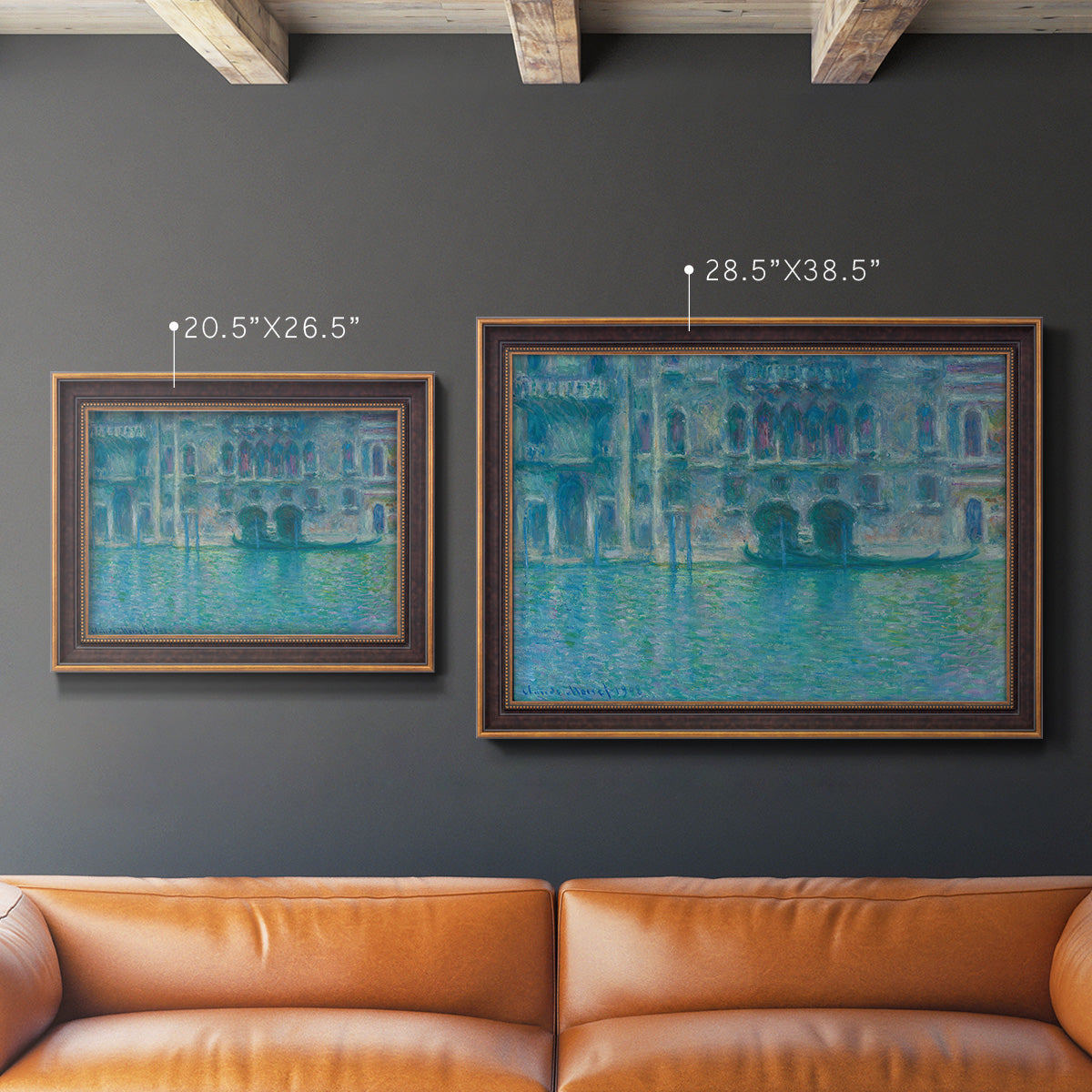 Impressionist Venetian palace waterfront scene by Claude Monet in an ornate bronzed mahogany wood frame shown in multiple size options.