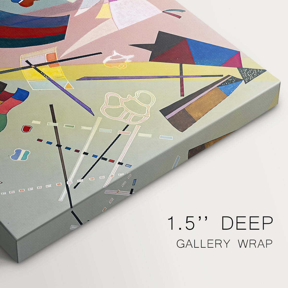 Canvas art print of a geometric abstract composition with intersecting lines and floating shapes, highlighting texture and gallery-wrapped edges