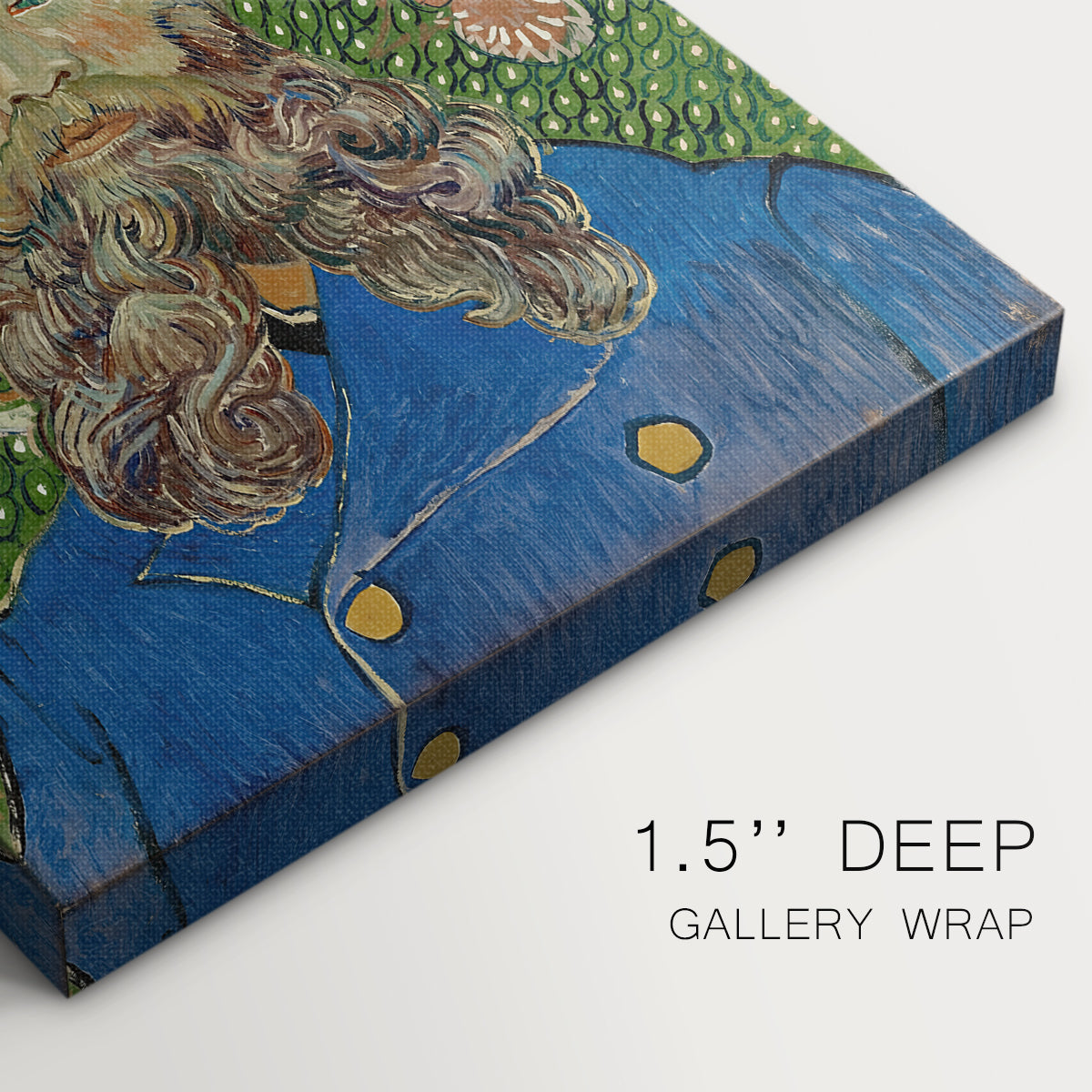 Close-up of a gallery-wrapped canvas corner showing a dynamic image with bold contrast and detail, highlighting texture and print detail.
