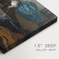 Close-up of a gallery-wrapped canvas corner showing a balanced interior with soft illumination, highlighting texture and print detail.