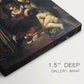 Close-up of a gallery-wrapped canvas corner showing a dramatic nativity with strong contrast and shadow, highlighting texture and print detail.