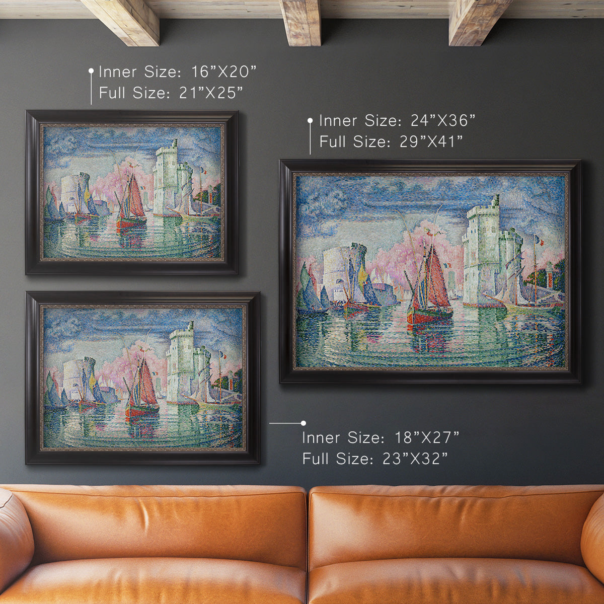 Impressionist harbor scene by Paul Signac in an ornate black frame with gilded inner detail shown in multiple size options.