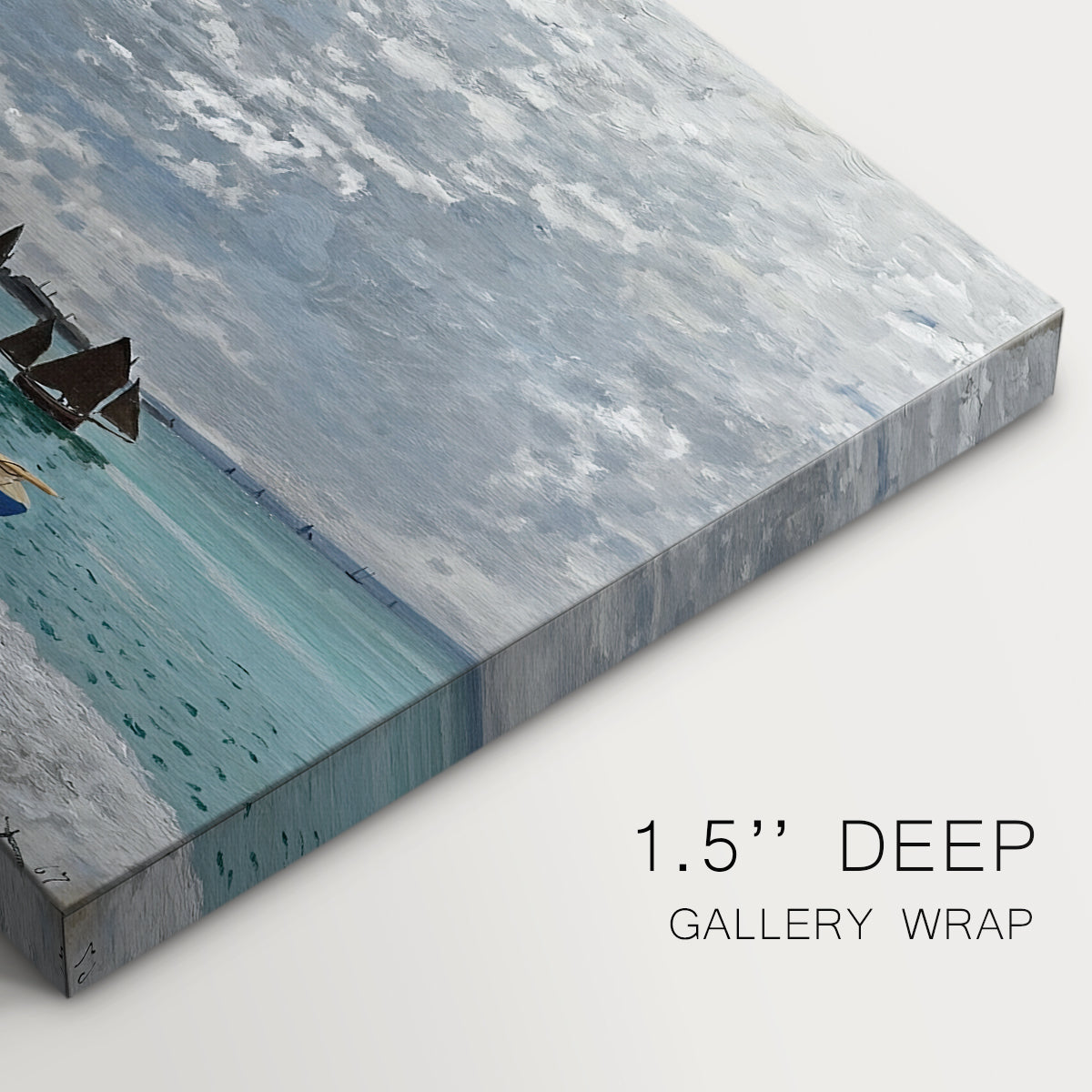 Canvas art print of a seaside promenade with figures, flags, and boats along the coast, highlighting texture and gallery-wrapped edges