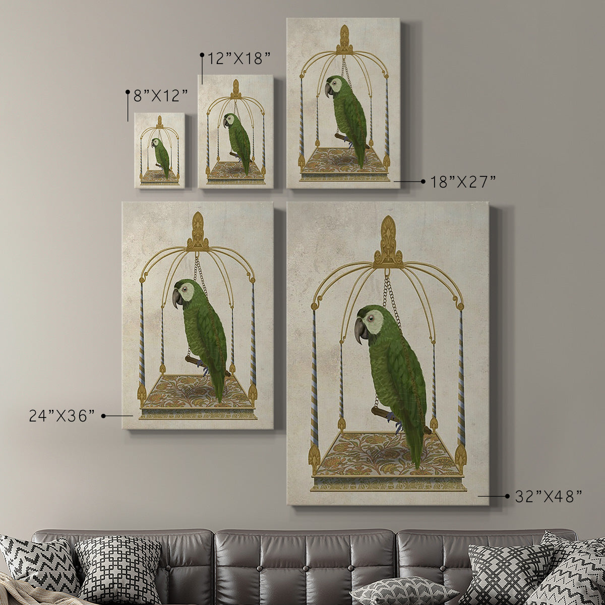 Green Parrot on Swing - Canvas Art Print