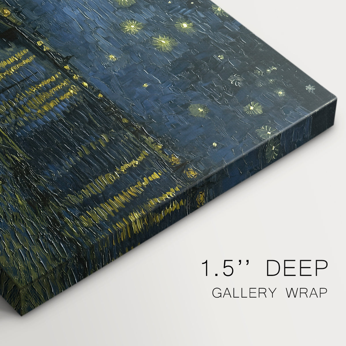 Canvas art print of a night river scene with reflections of lights and stars across water, highlighting texture and gallery-wrapped edges