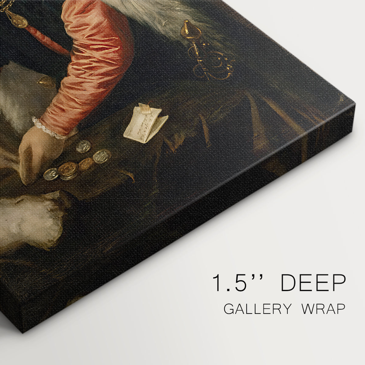 Close-up of a gallery-wrapped canvas corner showing a classic image with strong presence and texture, highlighting texture and print detail.