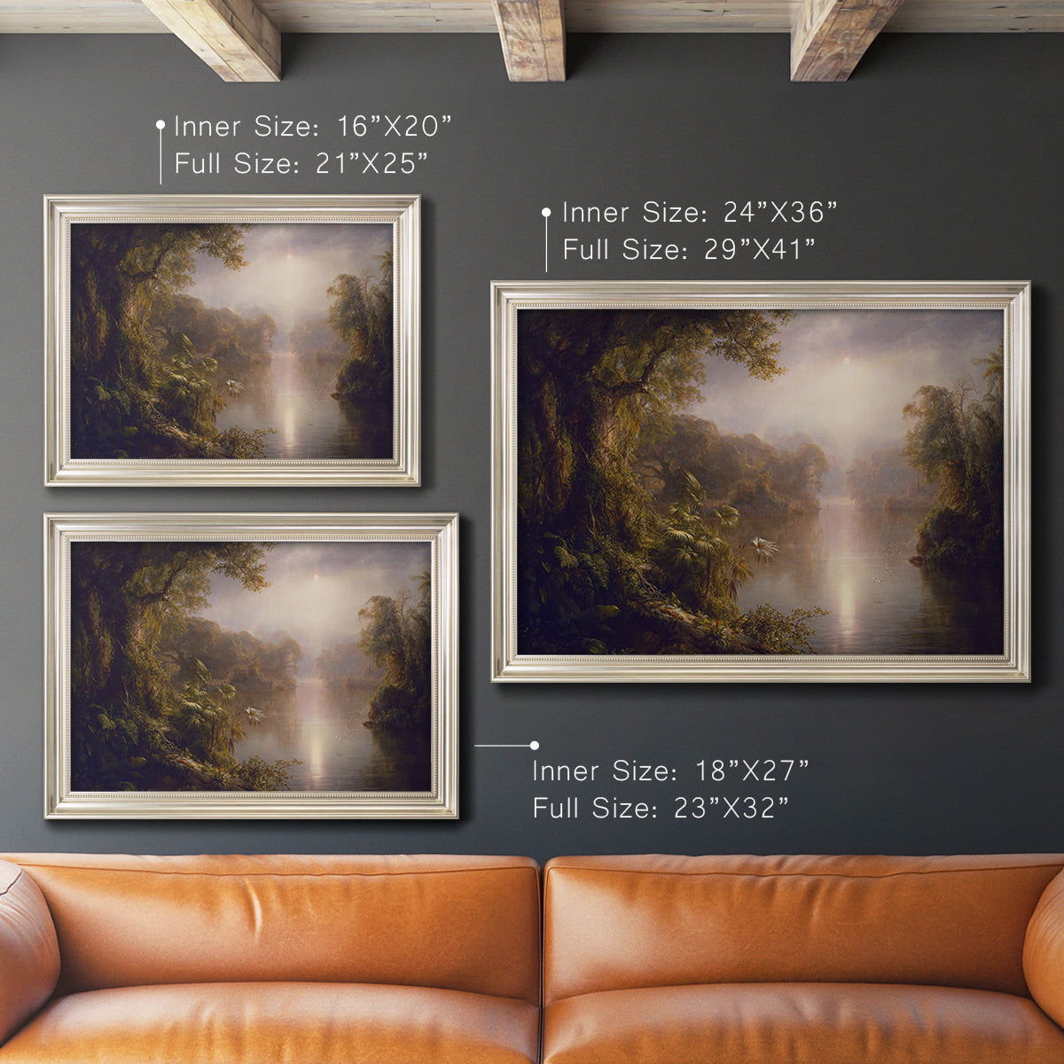 Luminous romantic landscape painting by Frederic Edwin Church in an ornate champagne frame shown in multiple size options.