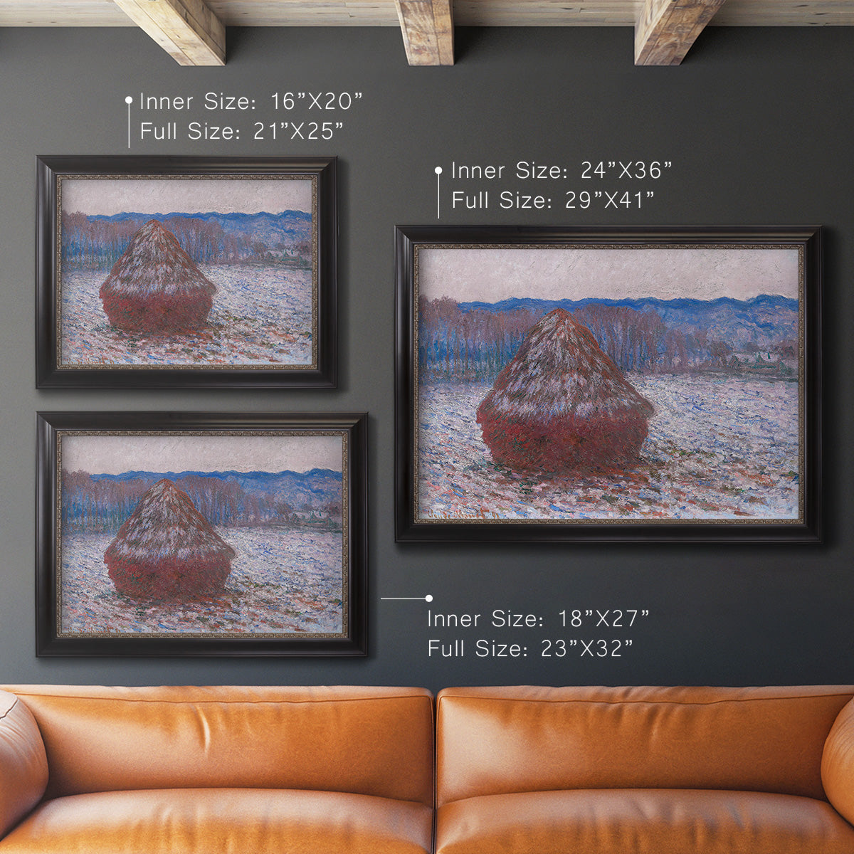 Impressionist single haystack landscape by Claude Monet in an ornate black frame with gilded inner detail shown in multiple size options.