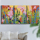 Three-panel canvas wall art featuring bold colorful floral abstraction, displayed in a living room above a sofa.